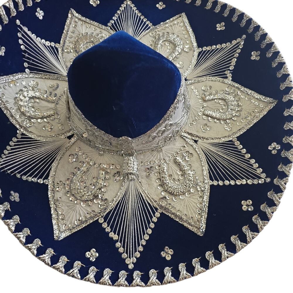 Pigalle Salazar Mexican Sombrero Dark Blue Silver 23in Wide Mariachi Hat